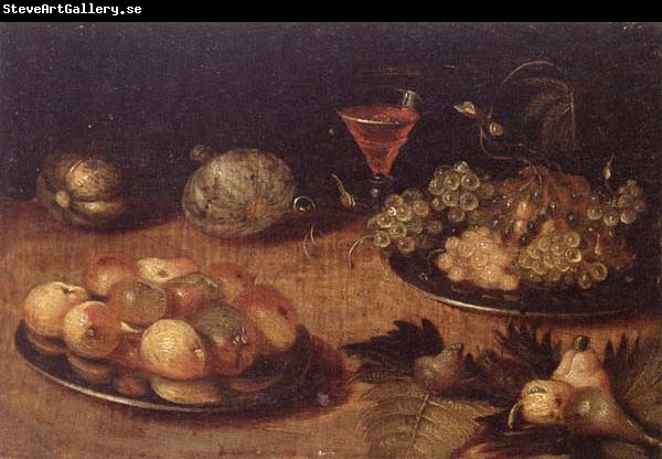 unknow artist Still life of Grapes and apples on pewter plates,figs,melons and a wine glass